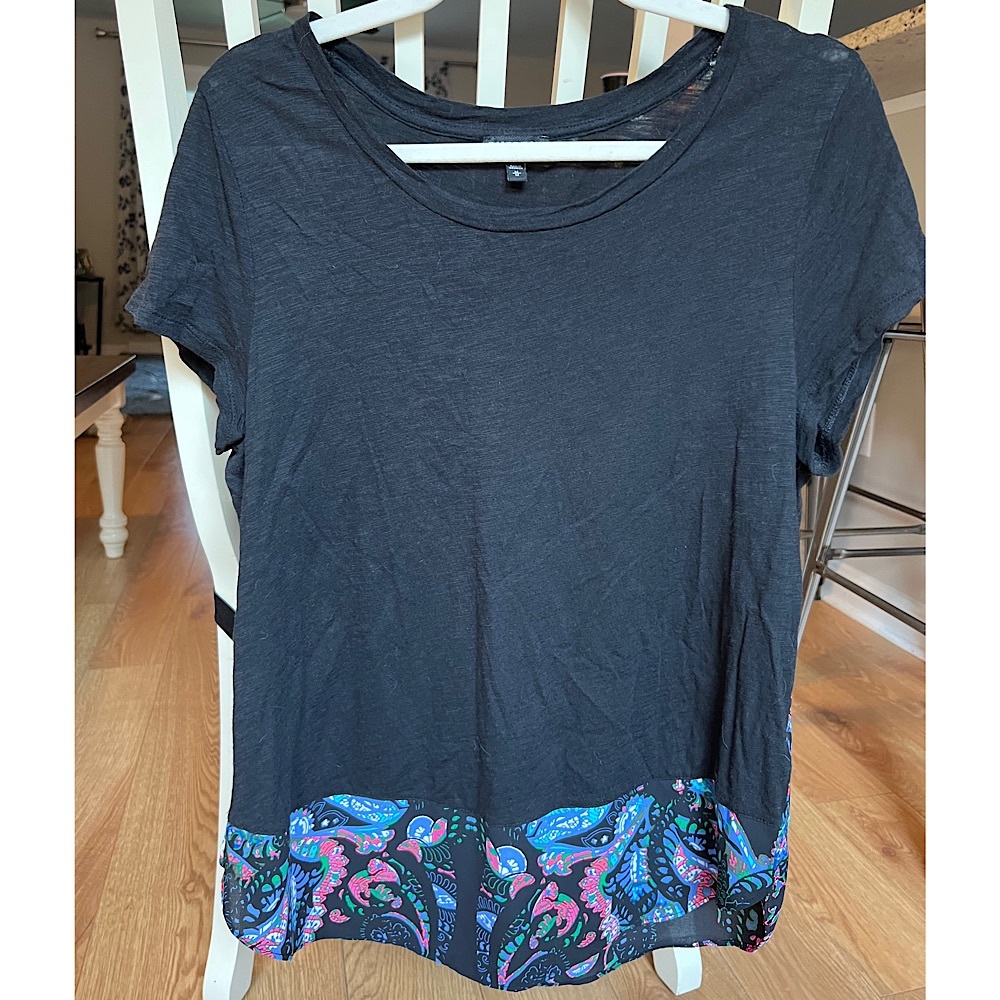 Short Sleeve Black Blouse with Colorful Paisley Print. Size: Medium
